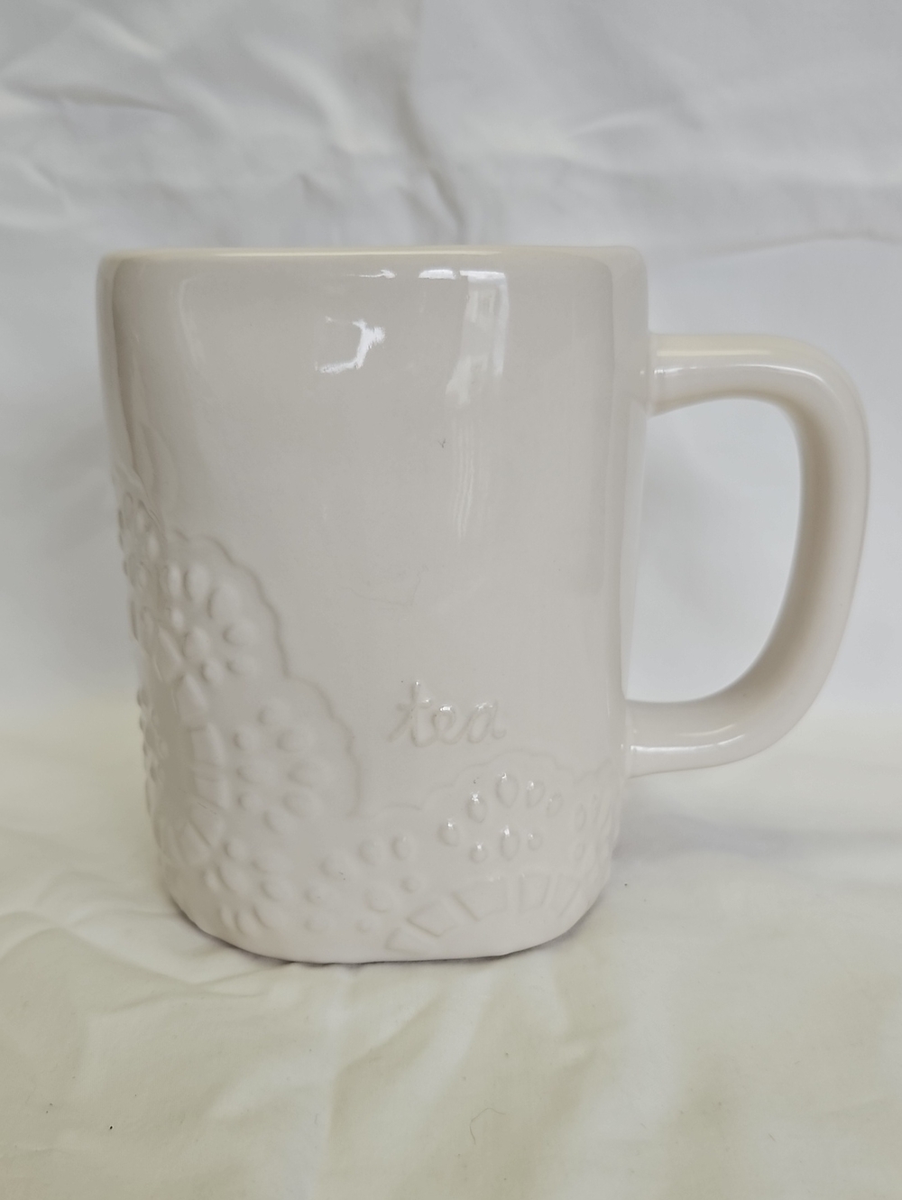 Rae Dunn Cream Embossed Floral Ceramic Tea Mug